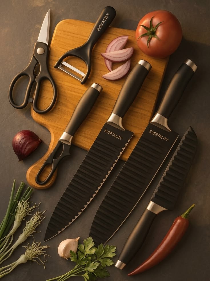 Editorial photograph of a chef knife on dark stone