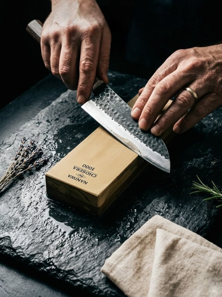 Sharpener inspecting a knife edge under light