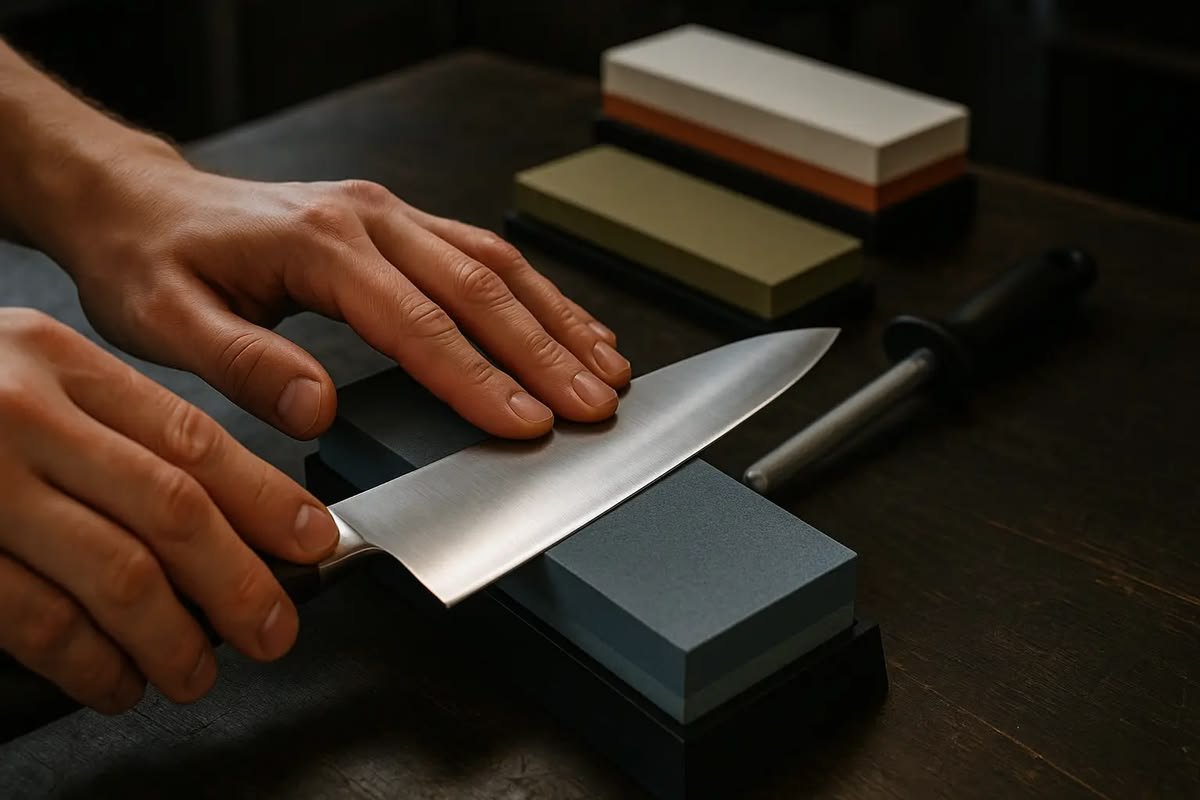 Chef knife being sharpened on a whetstone