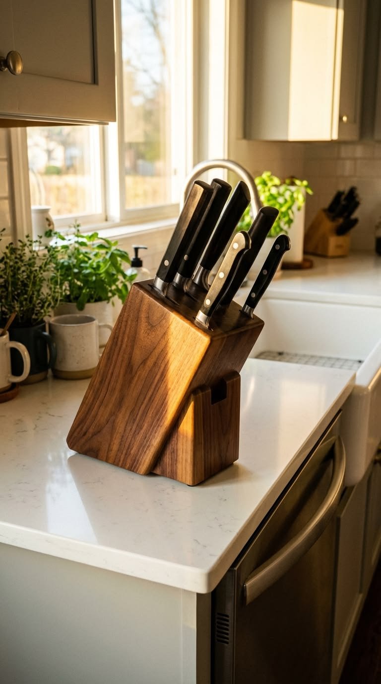 Magnetic knife strip on a kitchen wall